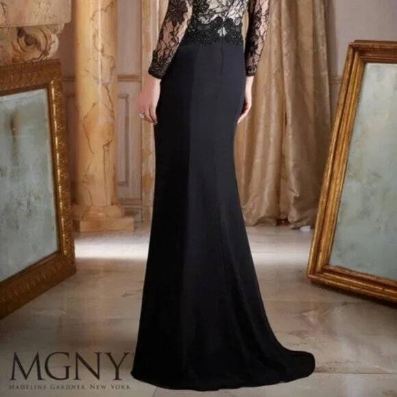 MGNY Women Black Long Sleeve Lace & Beaded Gown Formal Evening Dress Sz 10 2580 - Picture 10 of 16